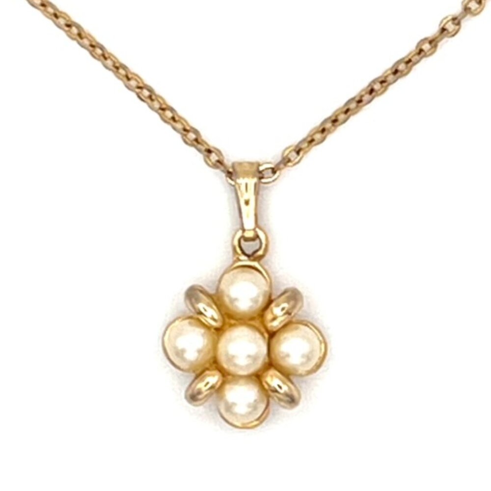 Vintage 5 Pearl Flower Necklace | Gold Tone Chain | Dainty Floral Pendant